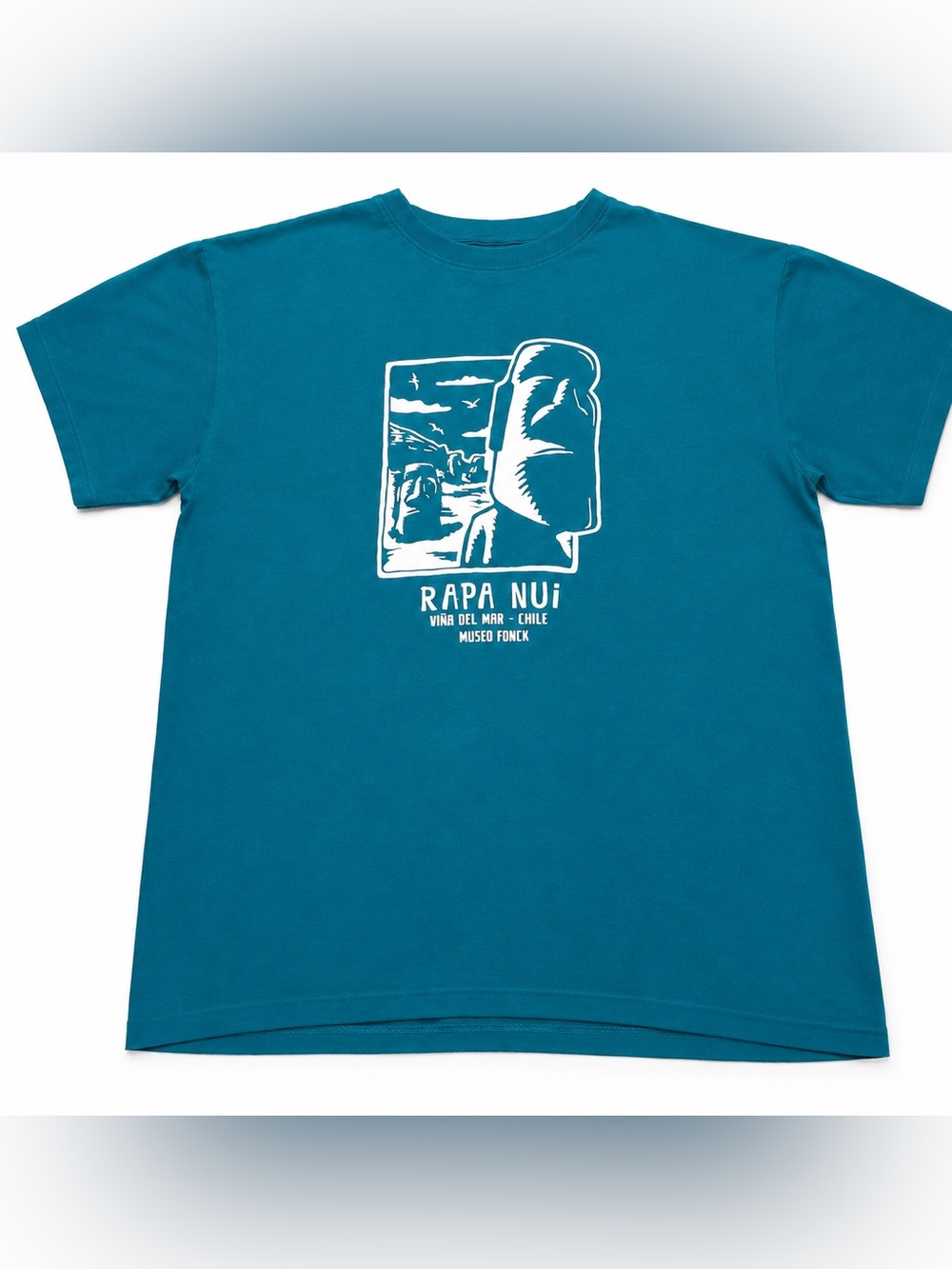 Rapa Nui Easter Island Graphic Tee Size Large. Bright Turquoise Blue